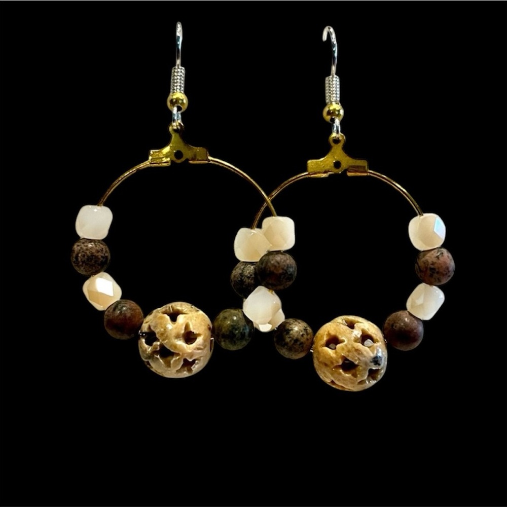 NWT Handmade Natural Jasper & Agate stone dangle 18K gold plated hoop Earrings